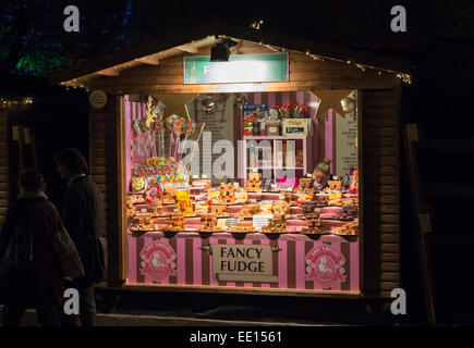 'Fancy Fudge', a colourful confectionery stall at Southbank Centre Winter Festival and Christmas Market, London, UK Stock Photo