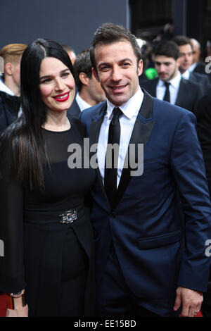 Zurich, Switzerland. 12th Jan, 2015. Former Italian soccer player Alessandro Del Piero (R) poses with his wife on the red carpet ahead of the 2014 FIFA Ballon d'Or award ceremony in Zurich, Switzerland, Jan. 12, 2015. Credit:  Zhang Fan/Xinhua/Alamy Live News Stock Photo