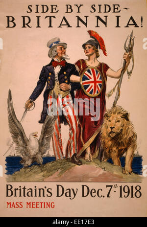 Side by side - Britannia! Britain's Day December 7th 1918 - Poster showing Uncle Sam arm-in-arm with Britannia, accompanied by a lion and an eagle. Stock Photo