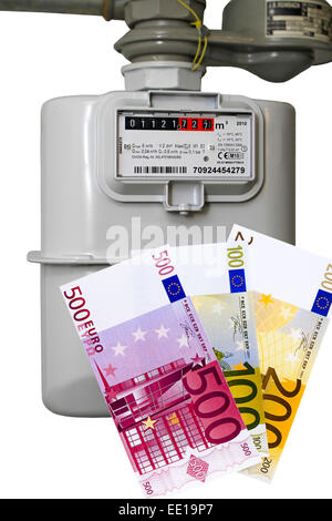 Gaszähler, Erdgas, Euro Banknoten Stock Photo