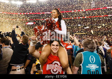 Arlington, Texas, USA. 12th Jan, 2015. Ohio State Buckeyes cheerleaders celebrate after winning the College Football Playoff National Championship game between the Ohio State Buckeyes and the Oregon Ducks at AT&T stadium in Arlington, Texas. The Buckeyes defeated the Ducks 42-20. © csm/Alamy Live News Stock Photo