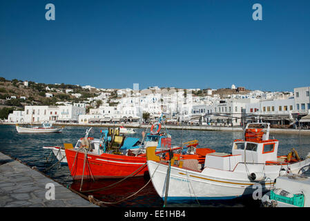 Colourful fishing boats in Mykonos Harbour, Mykonos Town, Mykonos, The Cyclades, Greek Islands, Greece, Europe Stock Photo