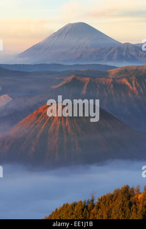 Sunrise over the smoking Gunung Bromo volcano, Bromo-Tengger-Semeru National Park, Java, Indonesia, Southeast Asia, Asia Stock Photo