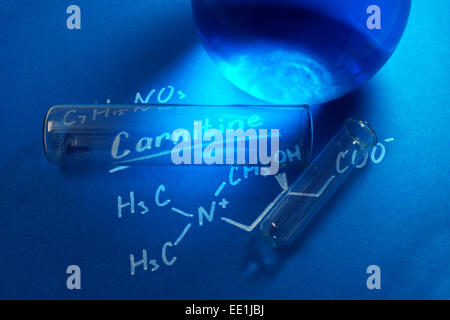 the chemical formula of carnitine with test tubes on the blue background Stock Photo