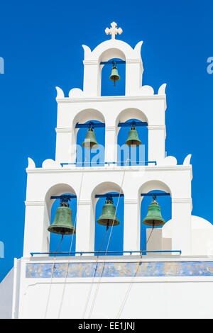 Greek church bell tower of Panagia Platsani, Oia, Santorini (Thira), Cyclades Islands, Greek Islands, Greece, Europe Stock Photo
