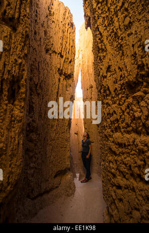 Woman standing in the sandstone chimneys in the Cathedral Gorge State Park, Nevada, United States of America, North America Stock Photo