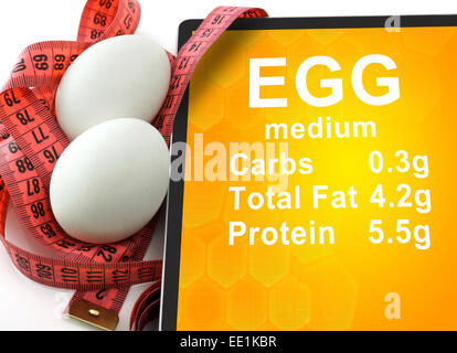 Tablet with Calories In egg  and measuring tape on white background. nutrition facts Stock Photo