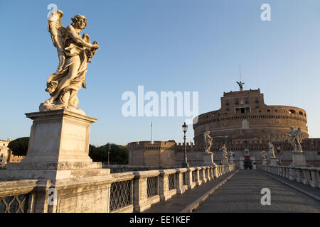 Angel statues on Ponte Sant' Angelo bridge with Castel Sant' Angelo, Rome, Lazio, Italy, Europe Stock Photo