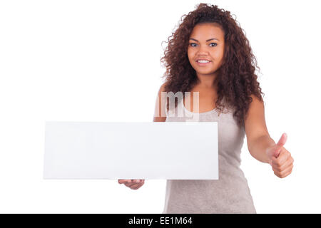 Young African American woman holding blank sign isolated Stock Photo