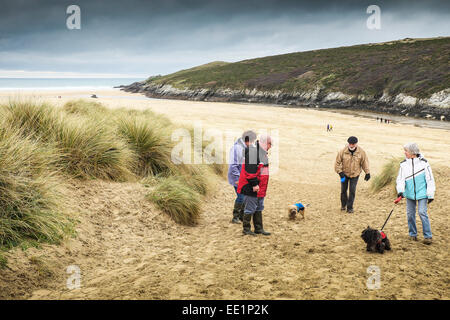 Dog walkers on Crantock Beach in Newquay, Cornwall. Stock Photo