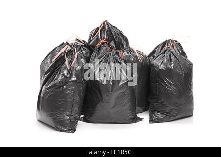 pile of garbage bag black isolated white background and copy space for  banner, trash, bin, Garbage bag, pollution from rubbish bag plastic concept  Stock Photo