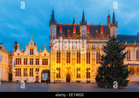 Cityscape with the picturesque Christmas Burg Square in Bruges Stock Photo