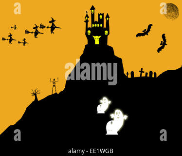 Abstract Halloween image with a castle on a hill. Stock Photo