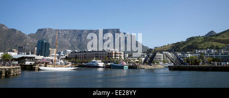 Wide format image of the V&A Waterfront in Cape Town, South Africa, with Table Mountain in the background. Stock Photo