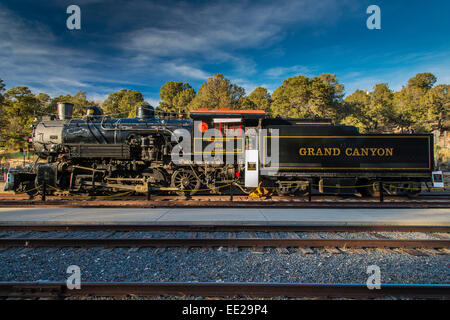 Grand canyon Railway GCRX Engine 29 steam locomotive at Grand Canyon Depot railway station, Arizona, USA Stock Photo