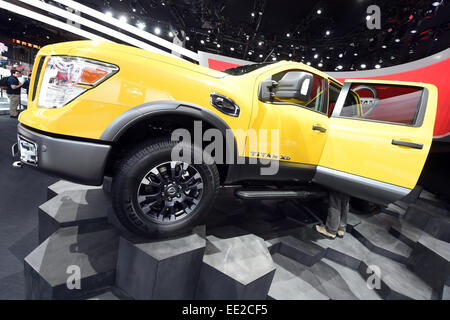 Detroit, Michigan, USA. 12th Jan, 2015. The Nissan Titan XD is presented during the media preview of the North American International Auto Show (NAIAS) 2015 at the Cobo Arena in Detroit, Michigan, USA, 12 January 2015. The public show runs from 17 to 25 January 2015. Photo: ULI DECK/dpa/Alamy Live News Stock Photo