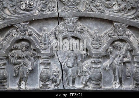 Brahma and other deities, from 11th century found in Basalt, Gaur, West Bengal now exposed in the Indian Museum in Kolkata Stock Photo