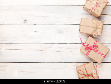 Gift boxes on wooden table background with copy space Stock Photo