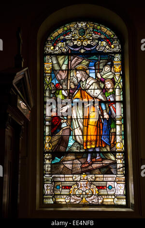 New Orleans, Louisiana.  St. Louis Basilica Stained Glass Window Showing King Louis IX of France Departing on the Sixth Crusade.