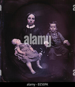 Mother with Two Children, one Sleeping, Portrait, Daguerreotype, Circa 1850's Stock Photo