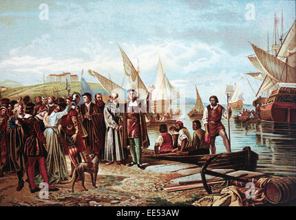 Embarkation and Departure of Christopher Columbus from Port of Palos, August 3, 1492, Chromolithograph from Painting by Ricardo Balaca, 1892 Stock Photo