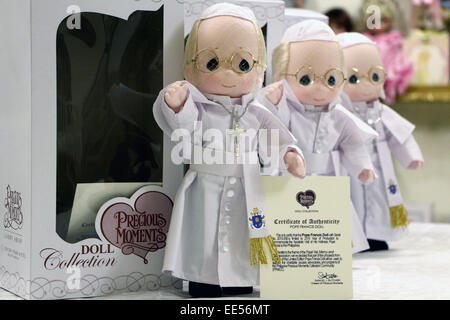 A limited edition of Pope Francis doll can be sold 'Precious Moments Giftshop & Restaurant in Omena hi-way cor. Buendiya Avenue in Makati City as one of the memorabilia that reminds as the 4 days visits of pope Francis in Philippines from January 15-19, 2015. The Pope dolls are made of rubber (body), cotton (attire), stainless (cross necklace) with the certificate of authenticity from the artist, with The Coat of arms seal on the Pope Francis doll dress and a total height of 12 inches. © Gregorio B. Dantes Jr./Pacific Press/Alamy Live News Stock Photo