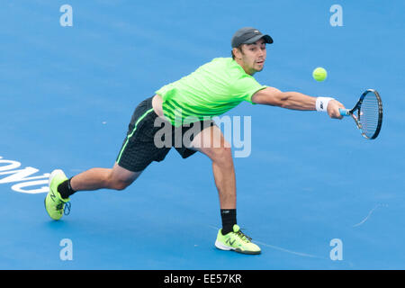 Melbourne, Australia. 14th Jan, 2015. Jordan Thompson (AUS) in action on day 2 of the 2015 Kooyong Classic tournament at the Kooyong Lawn Tennis Club in Melbourne, Australia. Sydney Low/Cal Sport Media/Alamy Live News Stock Photo