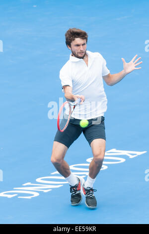 Melbourne, Australia. 14th Jan, 2015. Gilles Simon (FRA) in action on day 2 of the 2015 Kooyong Classic tournament at the Kooyong Lawn Tennis Club in Melbourne, Australia. Sydney Low/Cal Sport Media/Alamy Live News Stock Photo