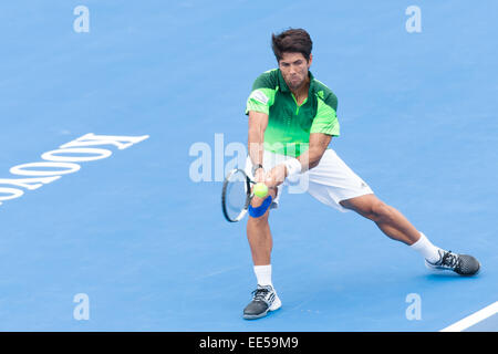 Melbourne, Australia. 14th Jan, 2015. Fernando Verdasco (ESP) in action on day 2 of the 2015 Kooyong Classic tournament at the Kooyong Lawn Tennis Club in Melbourne, Australia. Sydney Low/Cal Sport Media/Alamy Live News Stock Photo