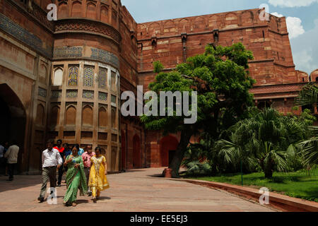 Family at Agra Red Fort's main gate. Stock Photo