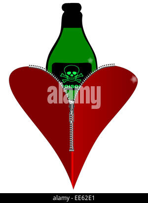 A red heart with a zipper showing a poison bottle rising from within Stock Photo