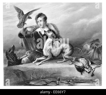 The Chieftains friends Sir Edwin Henry Landseer Hawk eagle Lurcher dog hunting predator game border colly pet pets Victorian Stock Photo