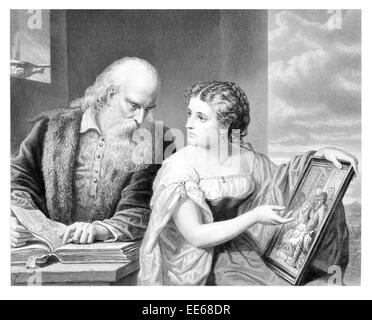 Philosophy and Art Daniel Huntington artist academic reading book beard old man wife young woman period costume dress Stock Photo