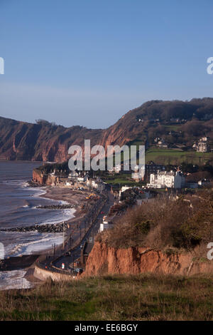 Sidmouth Devon, showing with the esplanade, shoreline and seafront, viewed from Salcombe Hill cliff on the SW coastal path Stock Photo