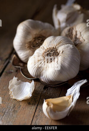 Garlic bulbs and cloves on a rustic wooden harvest table. Stock Photo