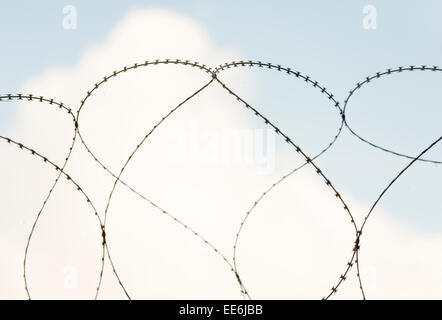 Barbed wire with heart shape and sky. Conceptual image of freedom, challenge and love. Stock Photo