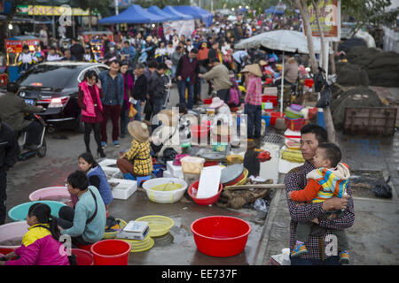 Dec. 29, 2014 - Haikou, Hainan Province, China - At a seafoods air-open market, it opens at 5pm to 8 pm at everyday. ..Haikou is the capital and most populous city of Hainan province, China. It is situated on the northern coast of Hainan, by the mouth of the Nandu River. The northern part of the city is the district of Haidian Island. (Credit Image: © Jiwei Han/ZUMA Wire) Stock Photo