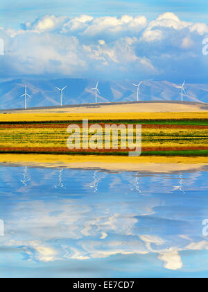 Detail of windmills on wind-farm wind farm with mountains and clouds Stock Photo