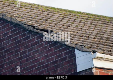 Haverfordwest, UK Wednesday 14 January 2015  Roof tiles, damaged by the wind   Two people were taken to hospital after a mini-tornado struck a row of houses in Haverfordwest, Pembrokeshire Stock Photo