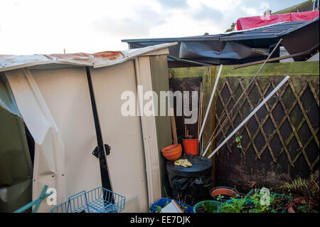 Haverfordwest, UK Wednesday 14 January 2015  Sheds were damages by the wind at the rear of some of the houses   Two people were taken to hospital after a mini-tornado struck a row of houses in Haverfordwest, Pembrokeshire Stock Photo