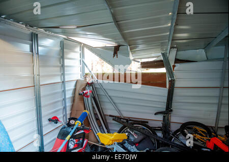 Haverfordwest, UK Wednesday 14 January 2015  Damage inside one of the buildings   Two people were taken to hospital after a mini-tornado struck a row of houses in Haverfordwest, Pembrokeshire Stock Photo