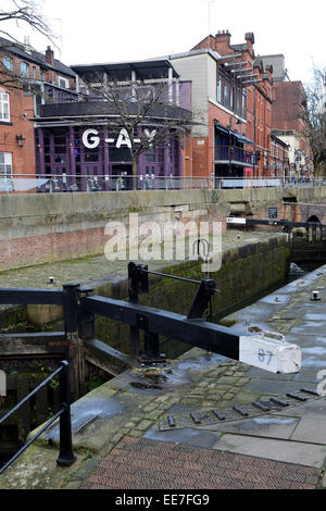 Rochdale Canal which runs beside Canal Street in Manchester through the Gay Village. A spate of 61 deaths in 3 years lead to sus Stock Photo