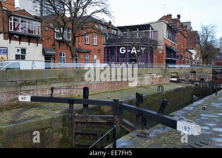 Rochdale Canal which runs beside Canal Street in Manchester through the Gay Village. A spate of 61 deaths in 3 years lead to sus Stock Photo