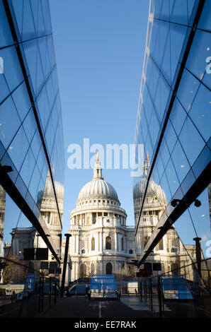 St Paul's Cathedral reflected in the glass of One New Change. City of London, UK