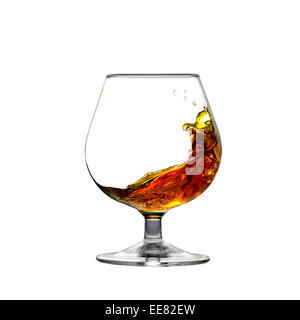 Square shot of cognac moving inside a glass isolated on white Stock Photo