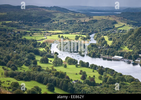 Newby Bridge and Lake Windermere from Gummers How, Lake District Stock Photo