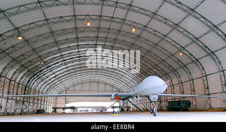 MQ-1B Predator in hangar awaiting deployment to support security surrounding the 2009 Iraqi provincial elections. See description for more information. Stock Photo