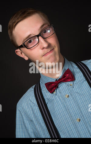 Funny man in glasses in retro suit and shirt Stock Photo