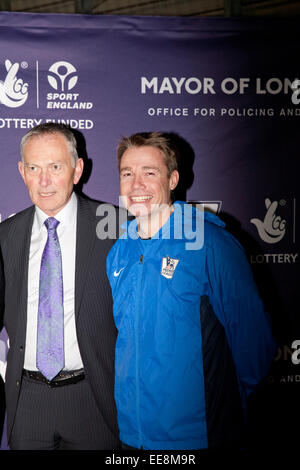 Millwall, London, UK. 15th January, 2015. Chief Executive of the Premier League Richard Scudamore with former England and Chelsea star Graeme Le Saux at the Official launch of London Premier League Kicks youth mentoring programme at Millwall Football club. Credit:  Keith Larby/Alamy Live News Stock Photo