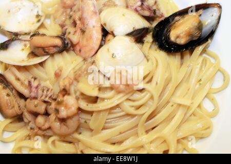 pasta spaghetti  with shrimp, mussels and clams Stock Photo